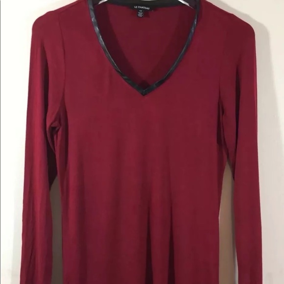 Le Chateau Women Long Sleeve T- Shirt V Neck Small Leather Piping - Picture 1 of 11